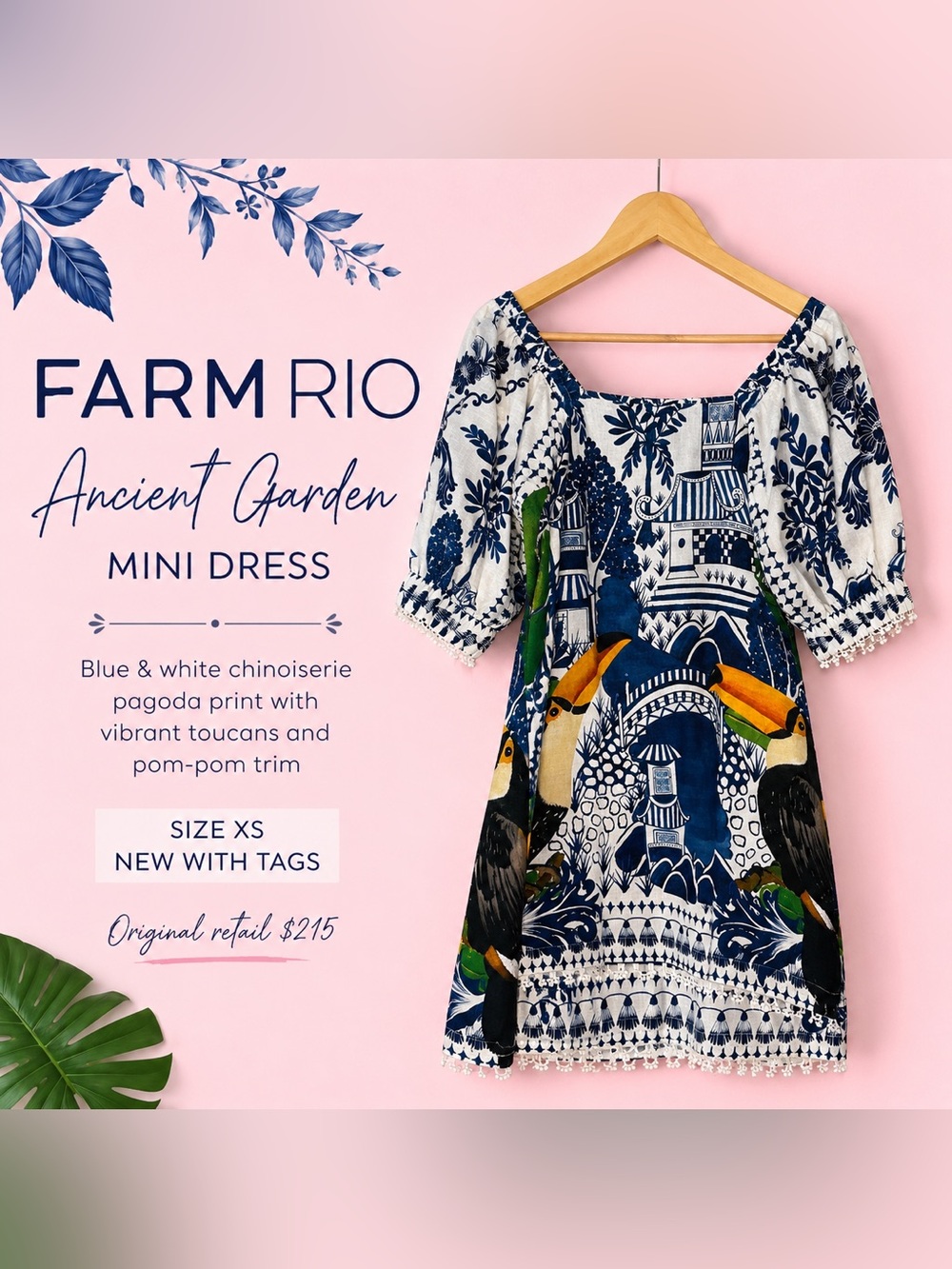 Farm Rio Ancient Garden Mini Dress Toucan Pagoda Linen Blend XS NWT - Picture 2 of 11